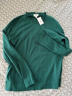 J. Crew Emerald Ruffle-Neck Lightweight Knit Sweater